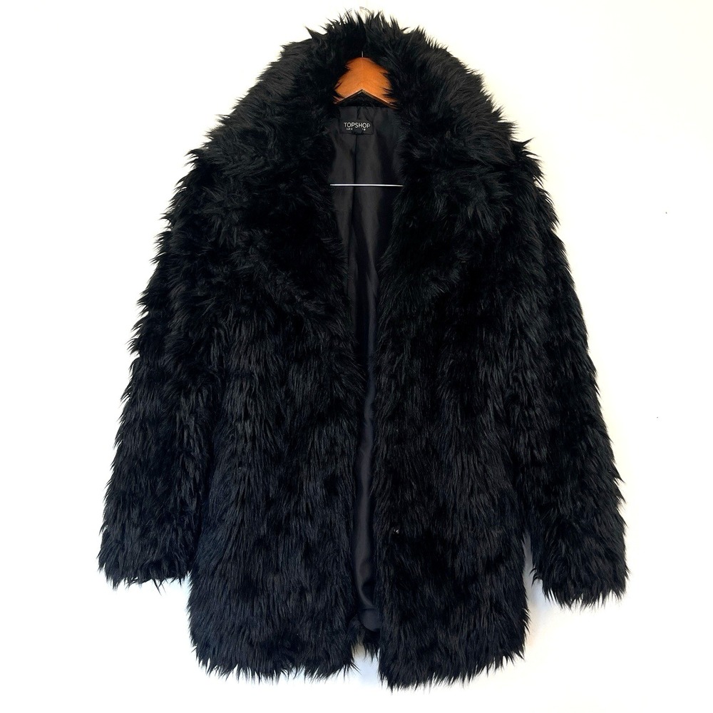 Topshop Womens Shaggy Faux Fur Coat Size 4 Black Bohemian Edgy Glam Hippie Chic